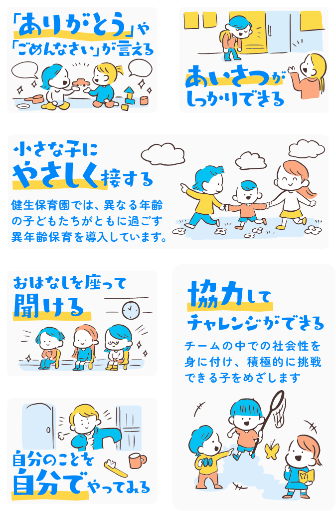 「ありがとう」や「ごめんなさい」が言える／あいさつがしっかりできる／小さな子にやさしく接する：健生保育園では、異なる年齢の子どもたちがともに過ごす異年齢保育を導入しています。／おはなしを座って聞ける／自分のことを自分でやってみる／協力してチャレンジができる：チームの中での社会性を身に付け、積極的に挑戦できる子をめざします。