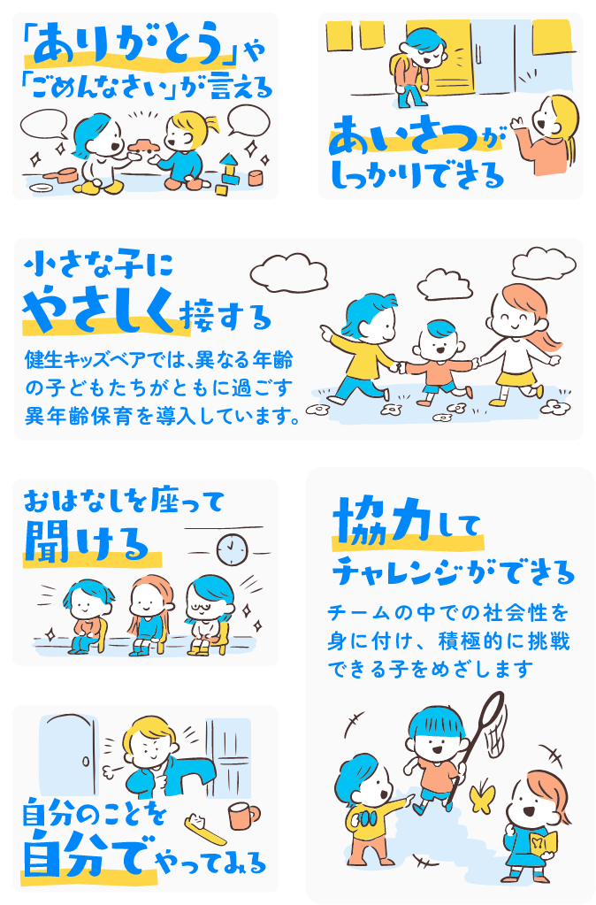 「ありがとう」や「ごめんなさい」が言える／あいさつがしっかりできる／小さな子にやさしく接する：健生キッズベアでは、異なる年齢の子どもたちがともに過ごす異年齢保育を導入しています。／おはなしを座って聞ける／自分のことを自分でやってみる／協力してチャレンジができる：チームの中での社会性を身に付け、積極的に挑戦できる子をめざします。