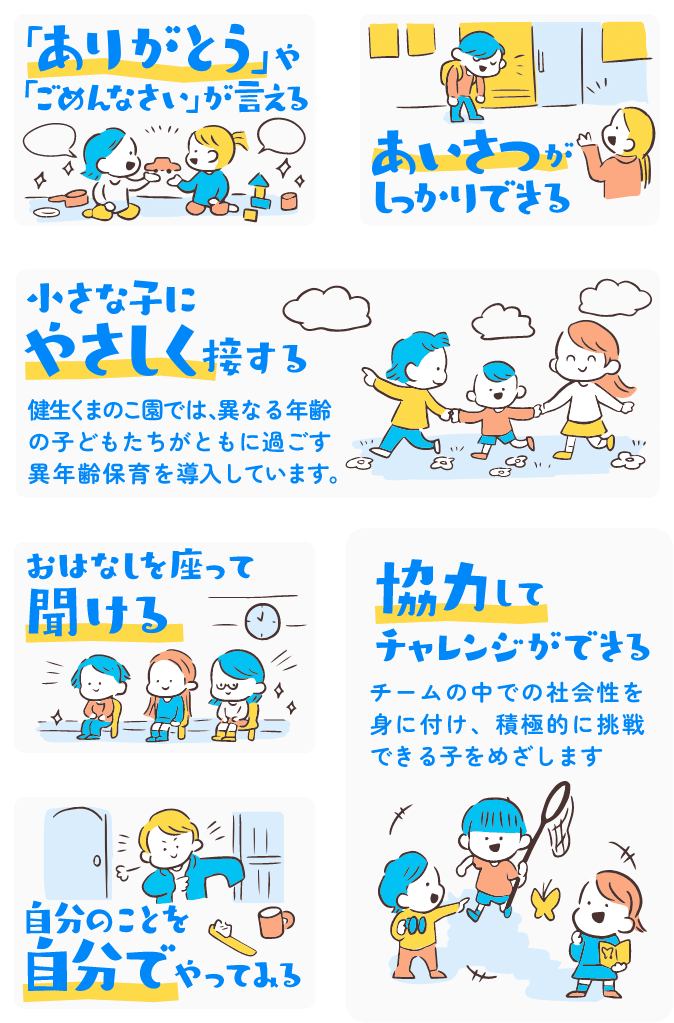 「ありがとう」や「ごめんなさい」が言える／あいさつがしっかりできる／小さな子にやさしく接する：健生くまのこ園では、異なる年齢の子どもたちがともに過ごす異年齢保育を導入しています。／おはなしを座って聞ける／自分のことを自分でやってみる／協力してチャレンジができる：チームの中での社会性を身に付け、積極的に挑戦できる子をめざします。