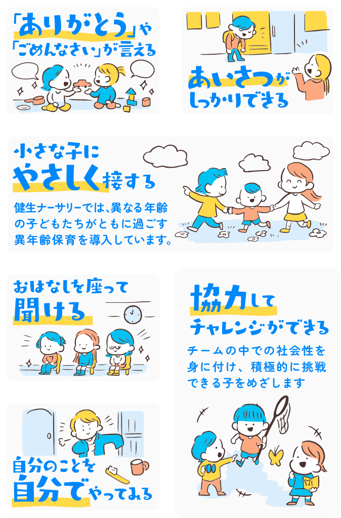 「ありがとう」や「ごめんなさい」が言える／あいさつがしっかりできる／小さな子にやさしく接する：健生ナーサリーでは、異なる年齢の子どもたちがともに過ごす異年齢保育を導入しています。／おはなしを座って聞ける／自分のことを自分でやってみる／協力してチャレンジができる：チームの中での社会性を身に付け、積極的に挑戦できる子をめざします。